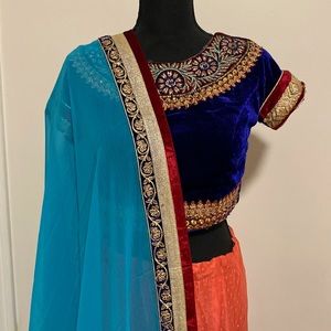 S/M 3-piece embroidered lehenga (top, skirt, scarf)